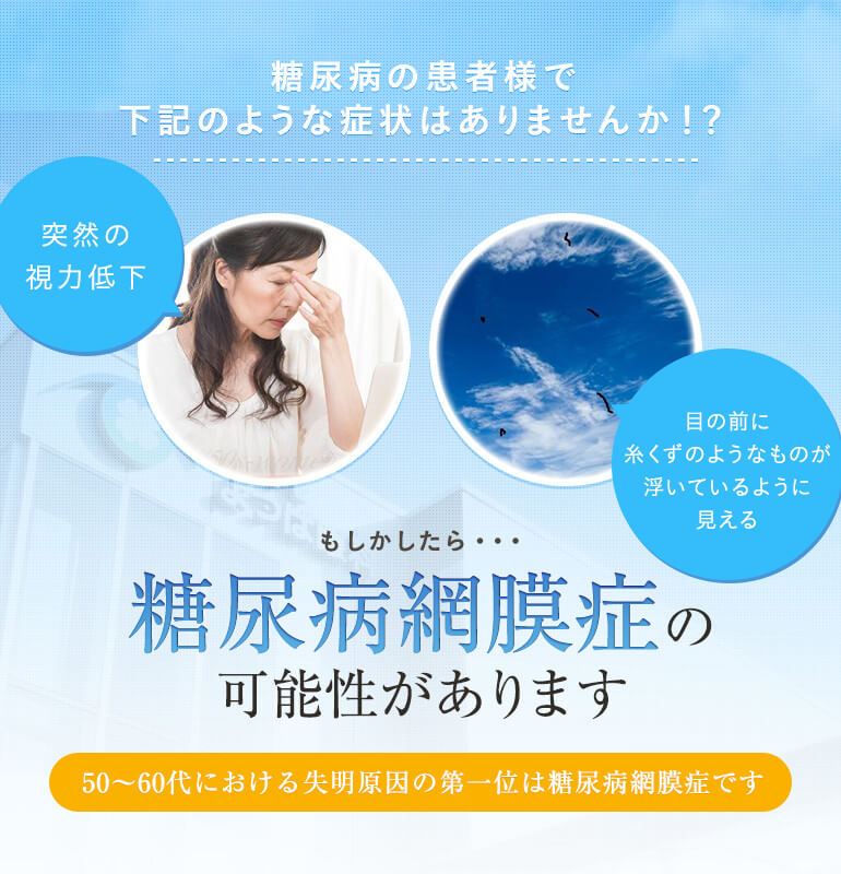 糖尿病の患者様で下記のような症状はありませんか！？ 突然の視力低下 目の前に糸くずみたいのが浮いてるように見える もしかしたら、糖尿病網膜症の可能性があります　50～60代における失明原因の第一位は糖尿病網膜症です